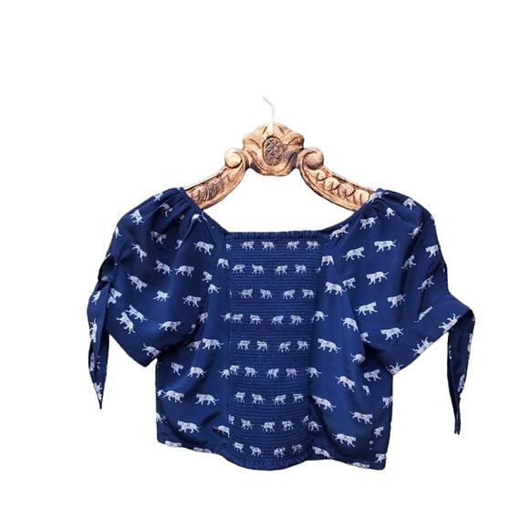 Cleobella Satin Tigers Print Pan Collar Sailor Crop Blouse Blue Small - Picture 2 of 12